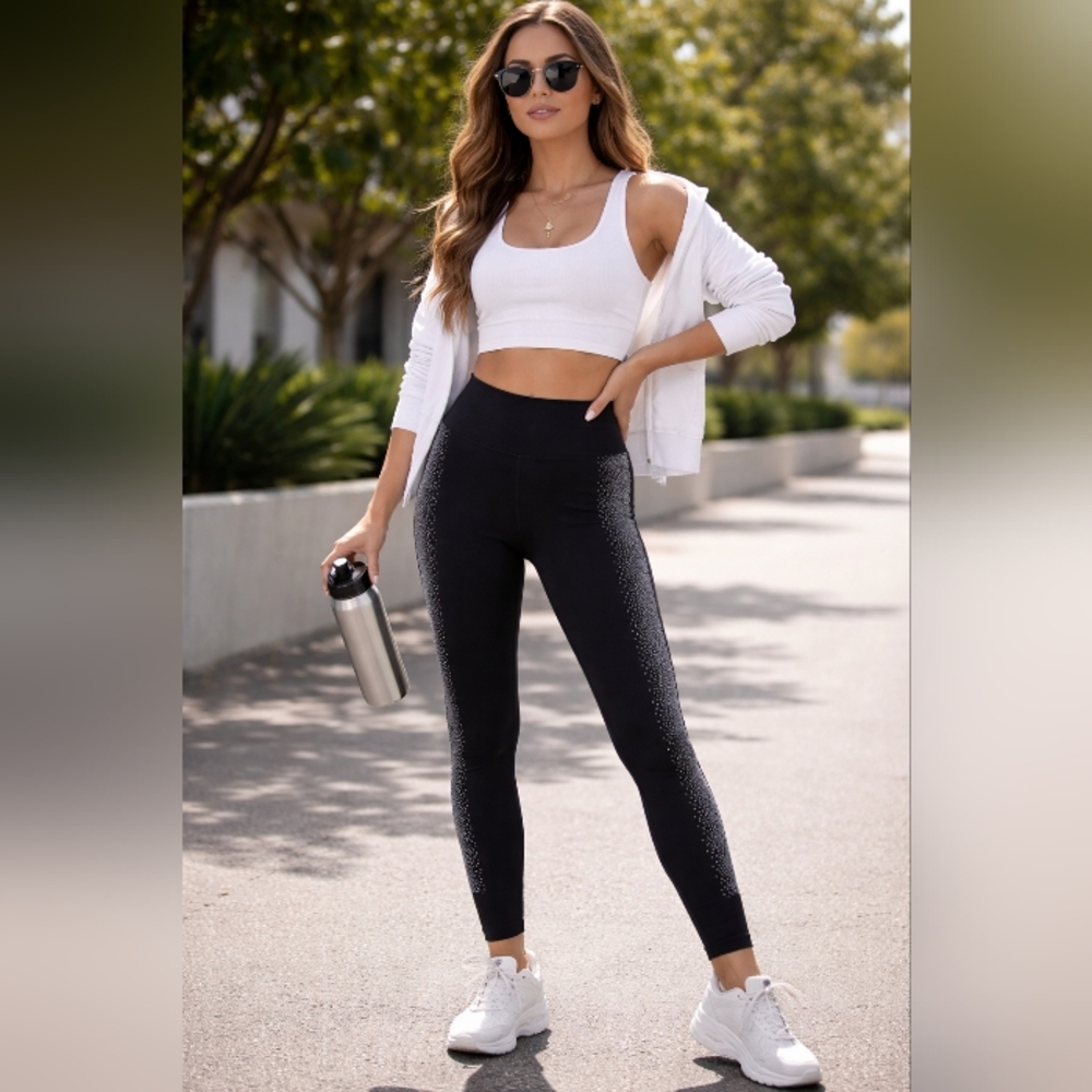 Fabletics Sculptknit Black High-Rise Leggings White Speckle Side Panels